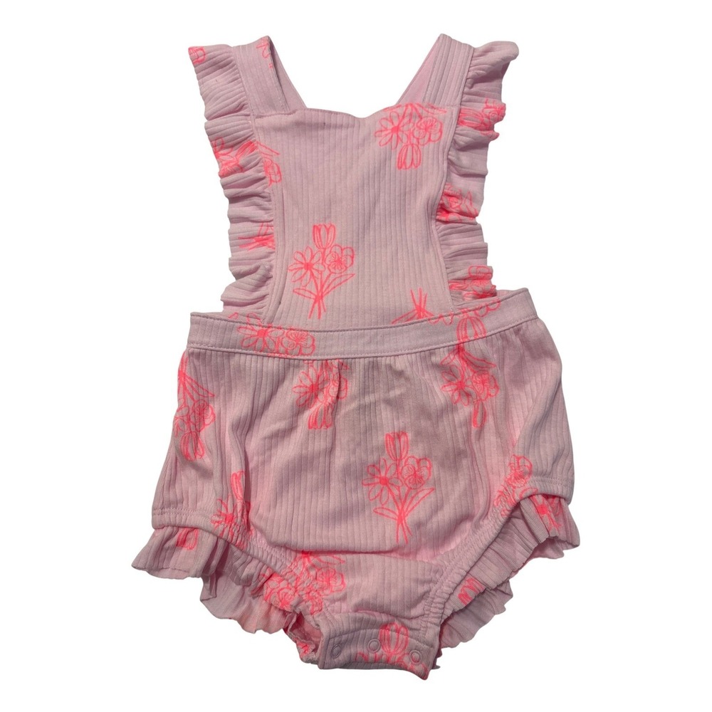 Baby Cat & Jack Pink Ribbed Floral Romper Ruffle Straps‎ 12M baby girl playwear